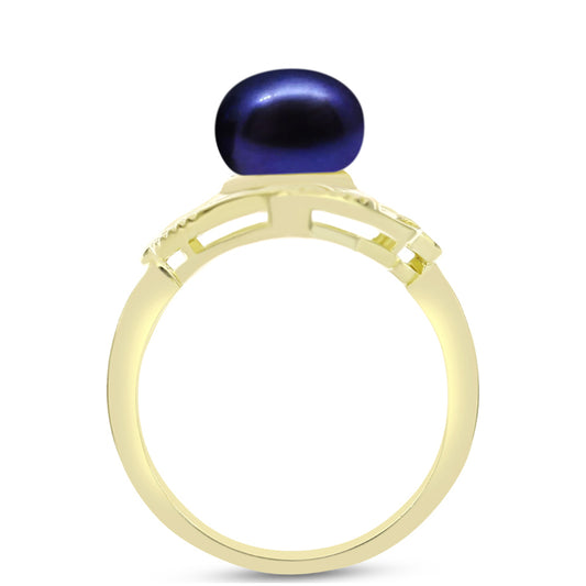 Anillo de Plata Bañada en Oro con Perla Negra Cultivada de Agua Dulce