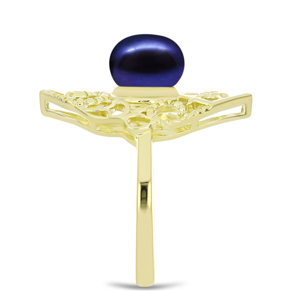 Anillo de Plata Bañada en Oro con Perla Negra Cultivada de Agua Dulce