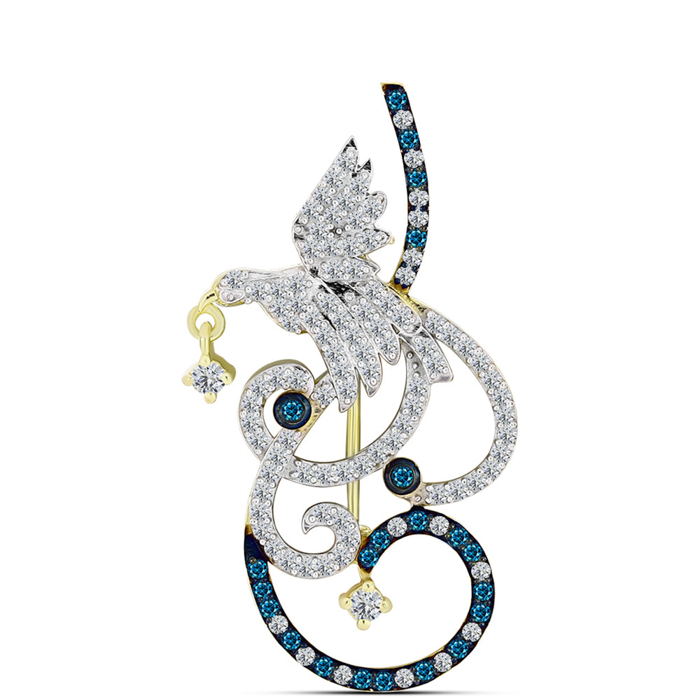 Broche de Plata Bañada en Oro con Diamante Azul y Topacio Blanco
