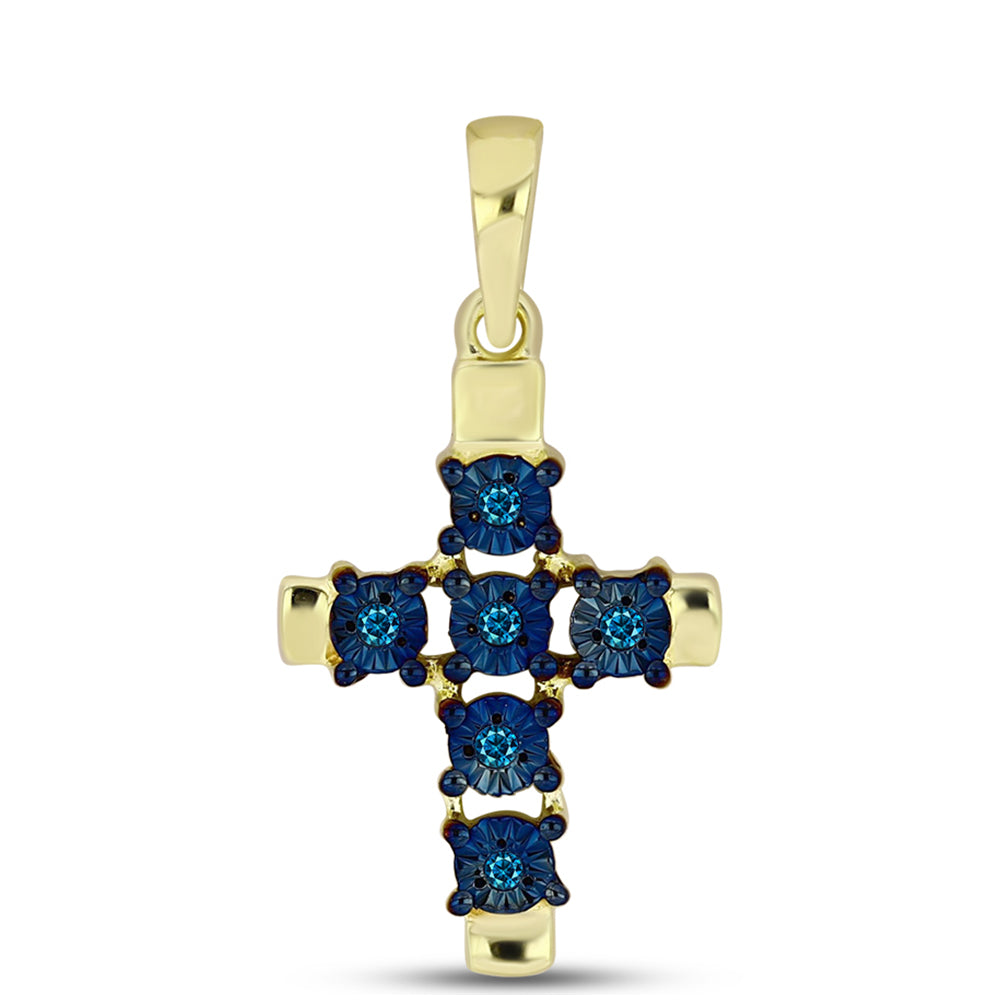 Cruz Colgante de Plata Bañada en Oro con Diamante Azul