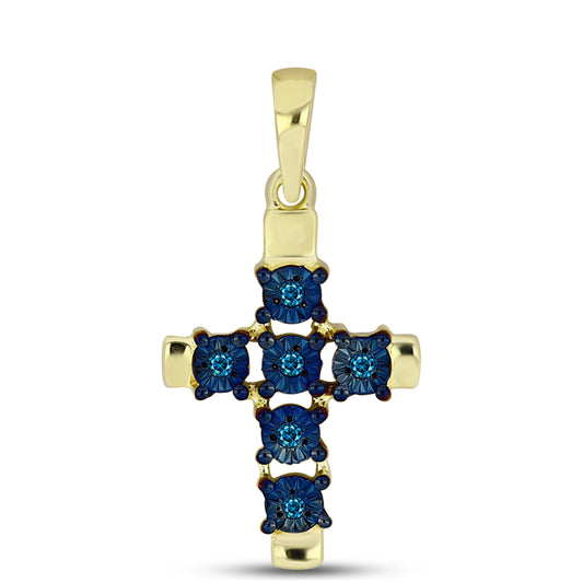Cruz Colgante de Plata Bañada en Oro con Diamante Azul