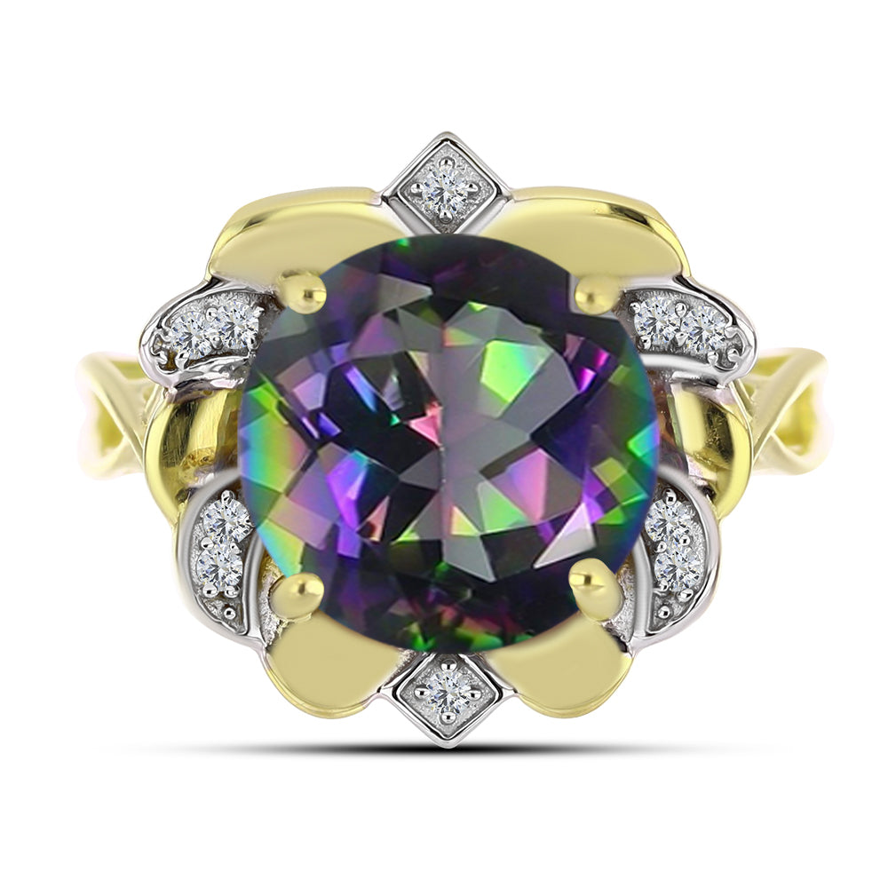 Anillo de Plata Bañada en Oro con Topacio Verde Místico y Topacio Blanco