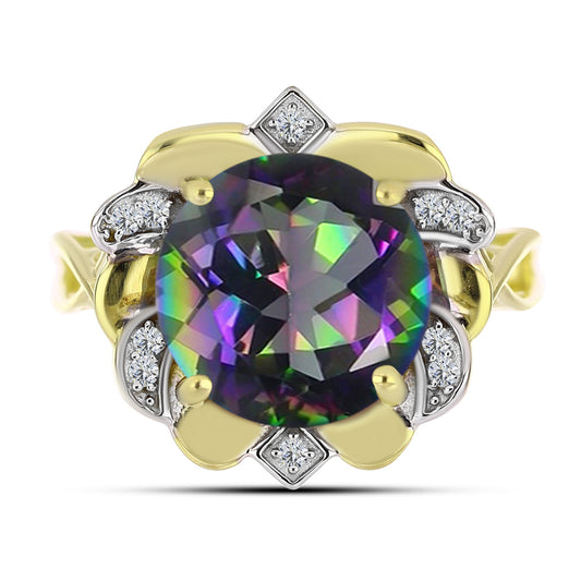 Anillo de Plata Bañada en Oro con Topacio Verde Místico y Topacio Blanco