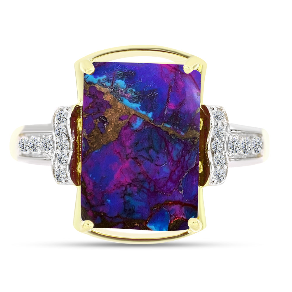 Anillo de Plata Bañada en Oro con Turquesa Cobre Morada y Topacio Blanco 1 