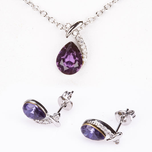 Conjunto de Aleación Bañado en Oro Blanco con Cristal Emporia® Púrpura (Collar +Pendientes +Colgante )
