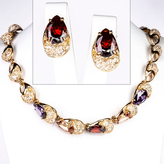 Conjunto de Aleación Bañado en Oro con Cristal Emporia® Rojo y Cristal Emporia® Blanco (Collar +Pendientes )