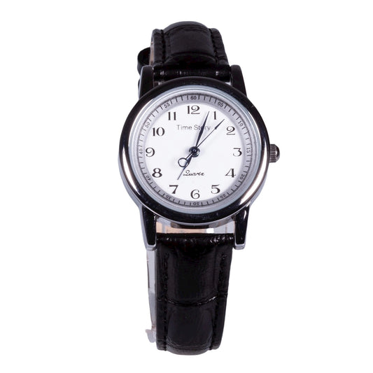 Reloj de acero inoxidable, correa de cuero genuino negro y esfera blanca.