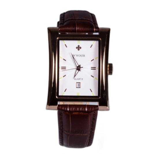 Reloj de Acero inoxidable, correa marrón de cuero genuino y con caja de color dorado.