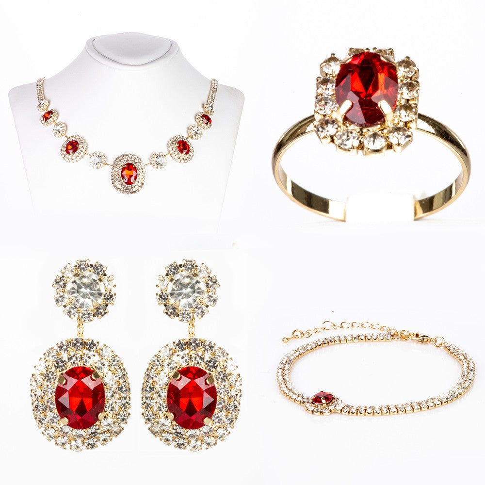 Conjunto de Aleación Bañado en Oro con Cristal Emporia® Rojo ( Collar +Pendientes +Pulsera +Anillo ) 1 