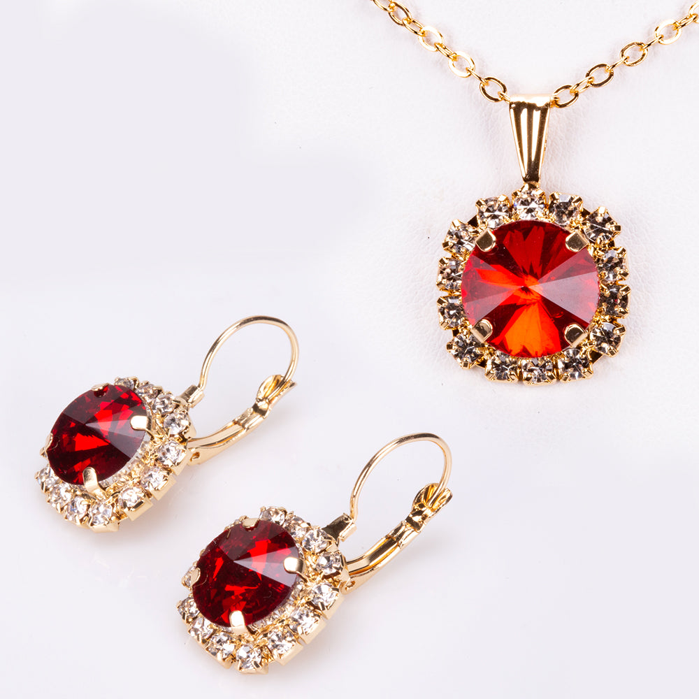 Conjunto de Aleación Bañado en Oro con Cristal Emporia® Rojo ( Collar +Pendientes +Colgante ) 1 