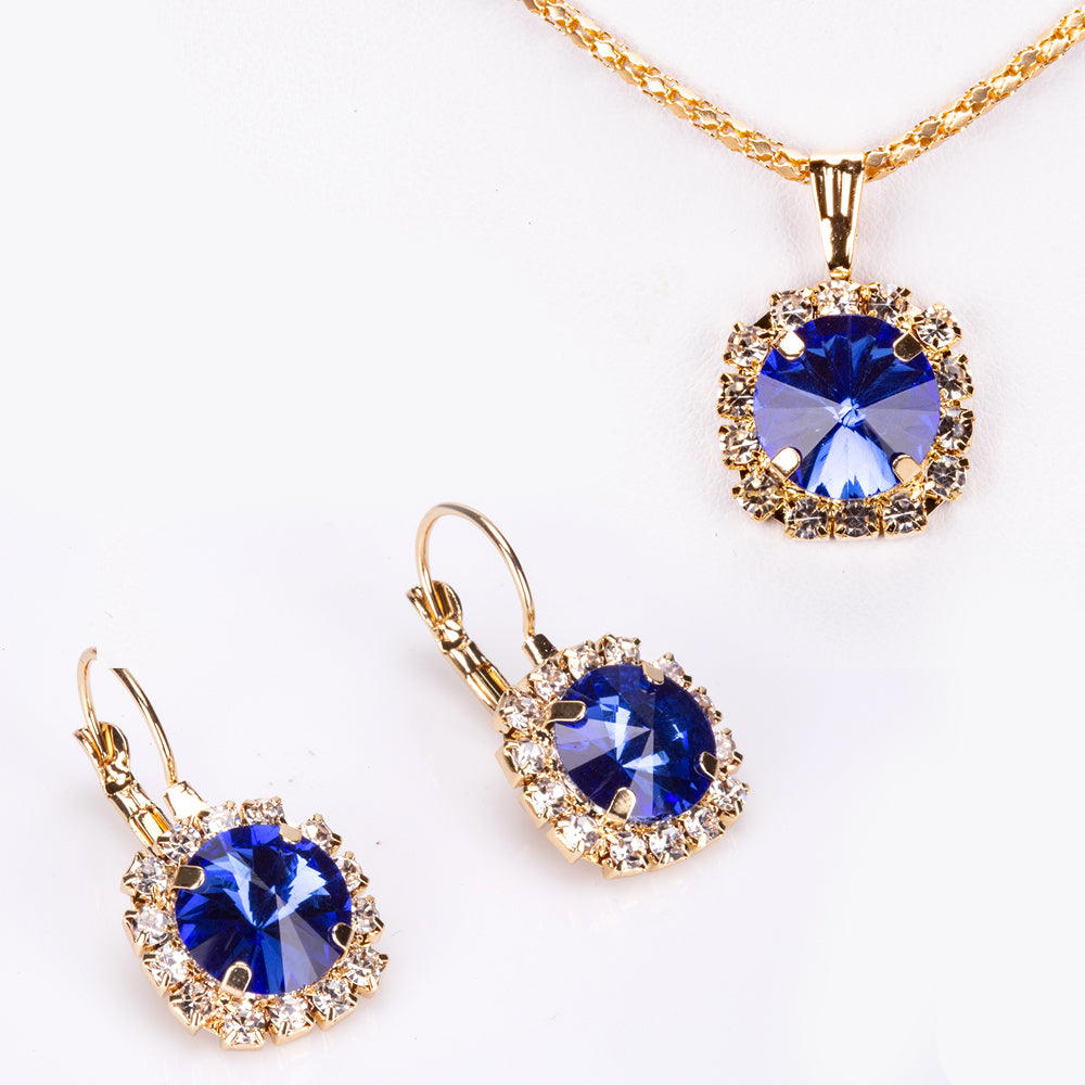 Conjunto de Aleación Bañado en Oro con Cristal Emporia® Azul ( Collar +Pendientes +Colgante ) 1 