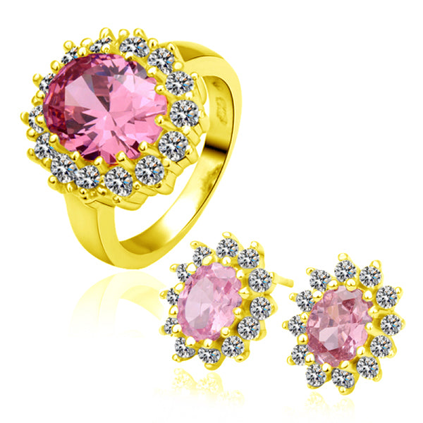 Conjunto de Aleación Bañado en Oro con Cristal Emporia® Rosa ( Pendientes +Anillo ) 1 