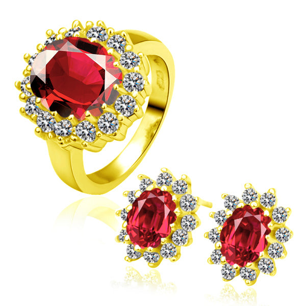 Conjunto de Aleación Bañado en Oro con Cristal Emporia® Rojo ( Pendientes +Anillo )