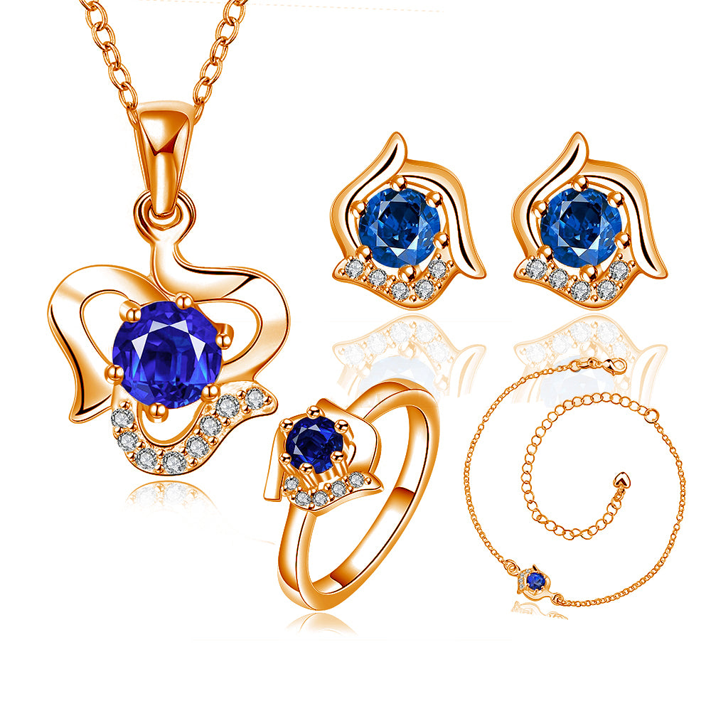 Conjunto de Aleación Bañado en Oro con Cristal Emporia® Azul ( Collar +Pendientes +Pulsera +Anillo ) 1 