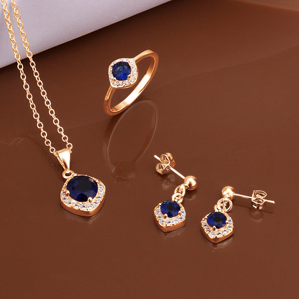 Conjunto de Aleación Bañado en Oro con Cristal Emporia® Azul ( Collar +Pendientes +Anillo ) 1 