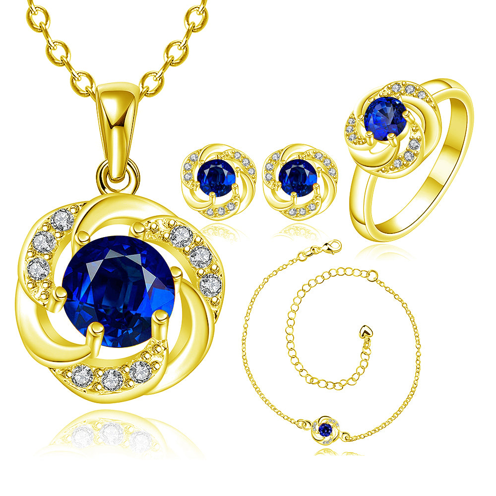 Conjunto de Aleación Bañado en Oro con Cristal Emporia® Azul ( Collar +Pendientes +Pulsera +Anillo ) 1 