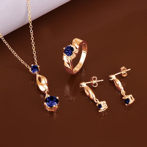 Conjunto de Aleación Bañado en Oro con Cristal Emporia® Azul ( Collar +Pendientes +Anillo ) 1 