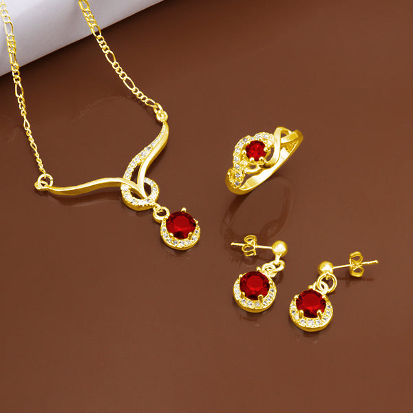 Conjunto de Aleación Bañado en Oro con Cristal Emporia® Rojo ( Collar +Pendientes +Anillo ) 1 