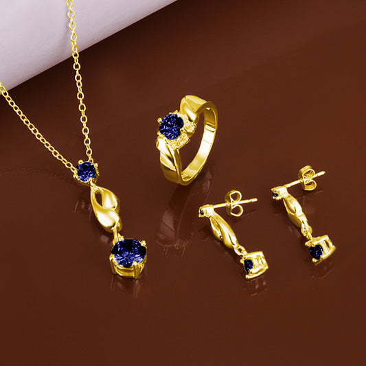 Conjunto de Aleación Bañado en Oro con Cristal Emporia® Azul ( Collar +Pendientes +Anillo )