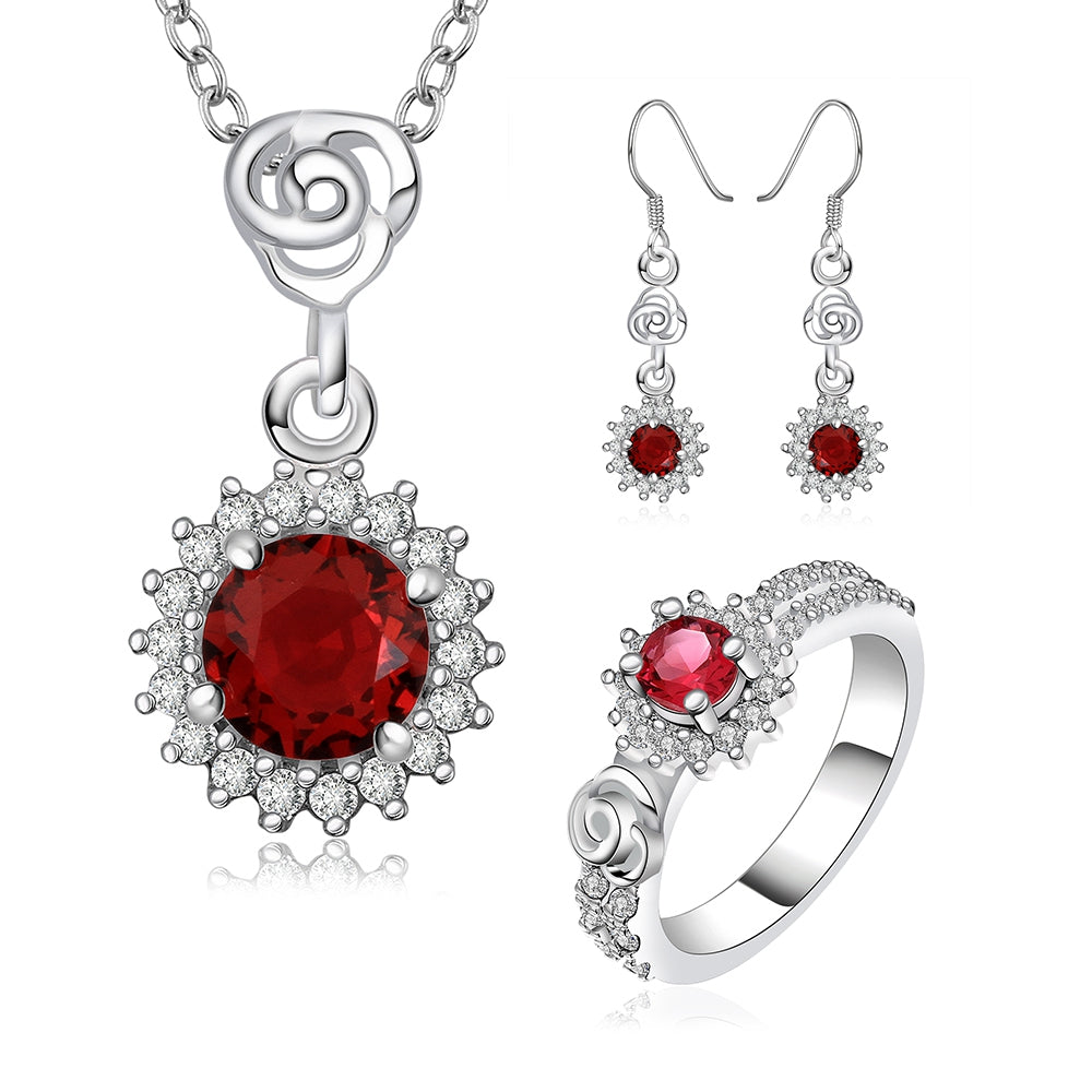 Conjunto de Aleación Bañado en Oro con Cristal Emporia® Rojo ( Collar +Pendientes +Anillo ) 1 