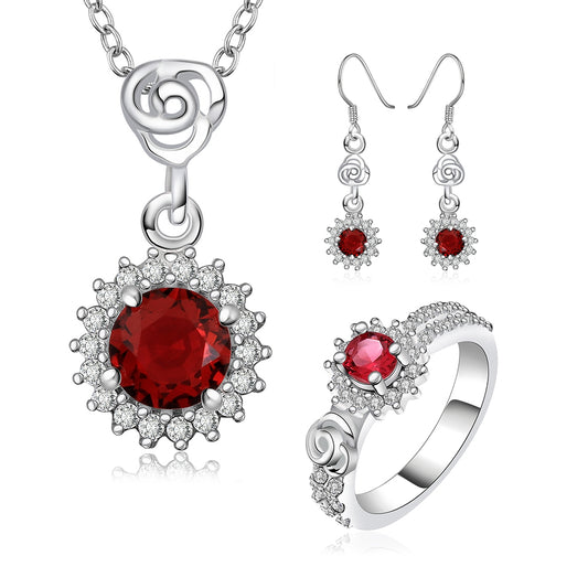 Conjunto de Aleación Bañado en Oro con Cristal Emporia® Rojo ( Collar +Pendientes +Anillo )