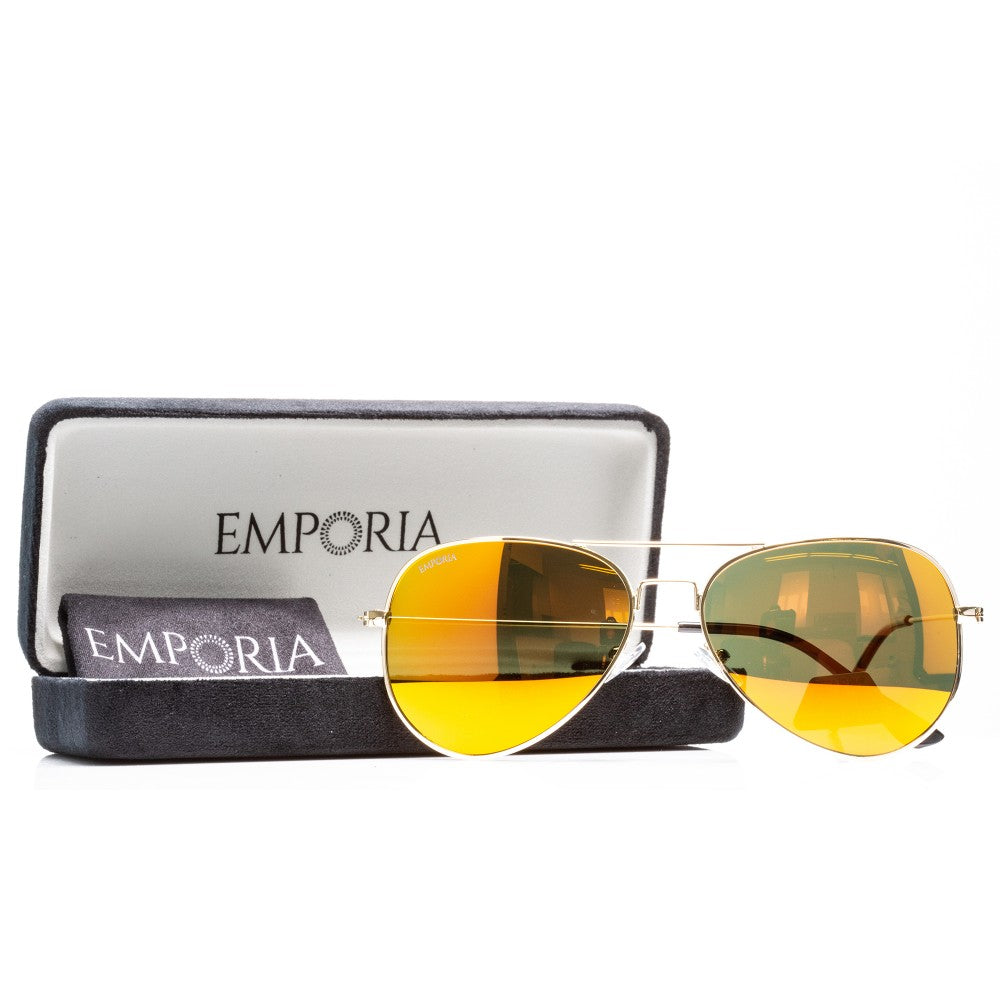Emporia Italy - Gafas de sol piloto "AZÚCAR", gafas de sol polarizadas con filtro UV con estuche y paño de limpieza, lentes naranjas, montura dorada