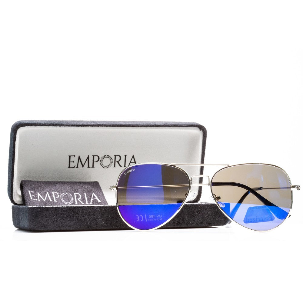 Emporia Italy - Gafas de sol de aviador "LAGUNA", gafas de sol polarizadas con filtro UV con estuche y paño de limpieza, lentes violeta azulado, montura plateada