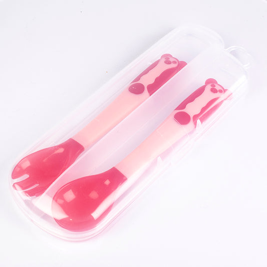 Cuchara y tenedor para bebé con sensor de temperatura, se puede doblar, libre de BPA, color: rosa