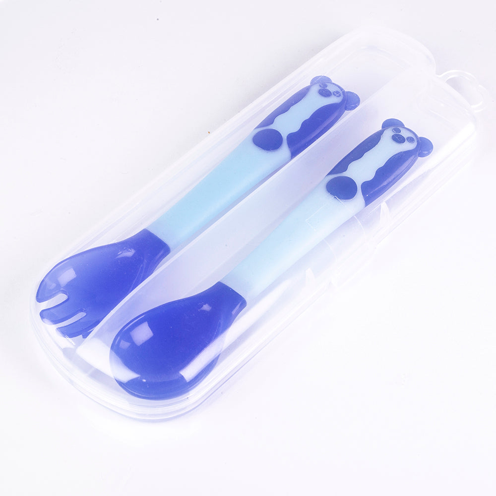 Set de cuchara y tenedor con sensor de calor para bebé, se puede doblar, libre de BPA, color: azul 2 