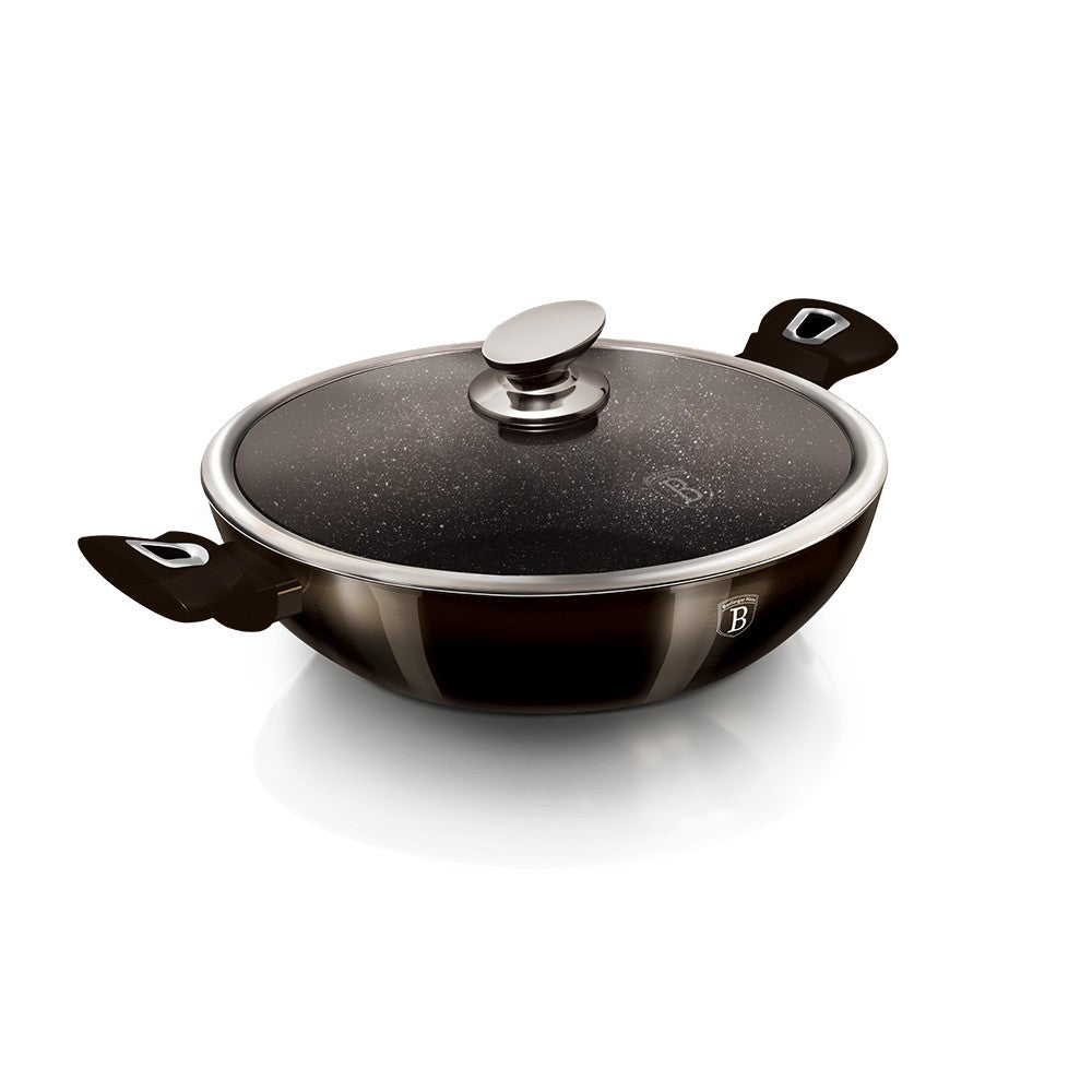 Wok con tapa Berlinger Haus   de la línea metálica brillante en negro, 30 cms