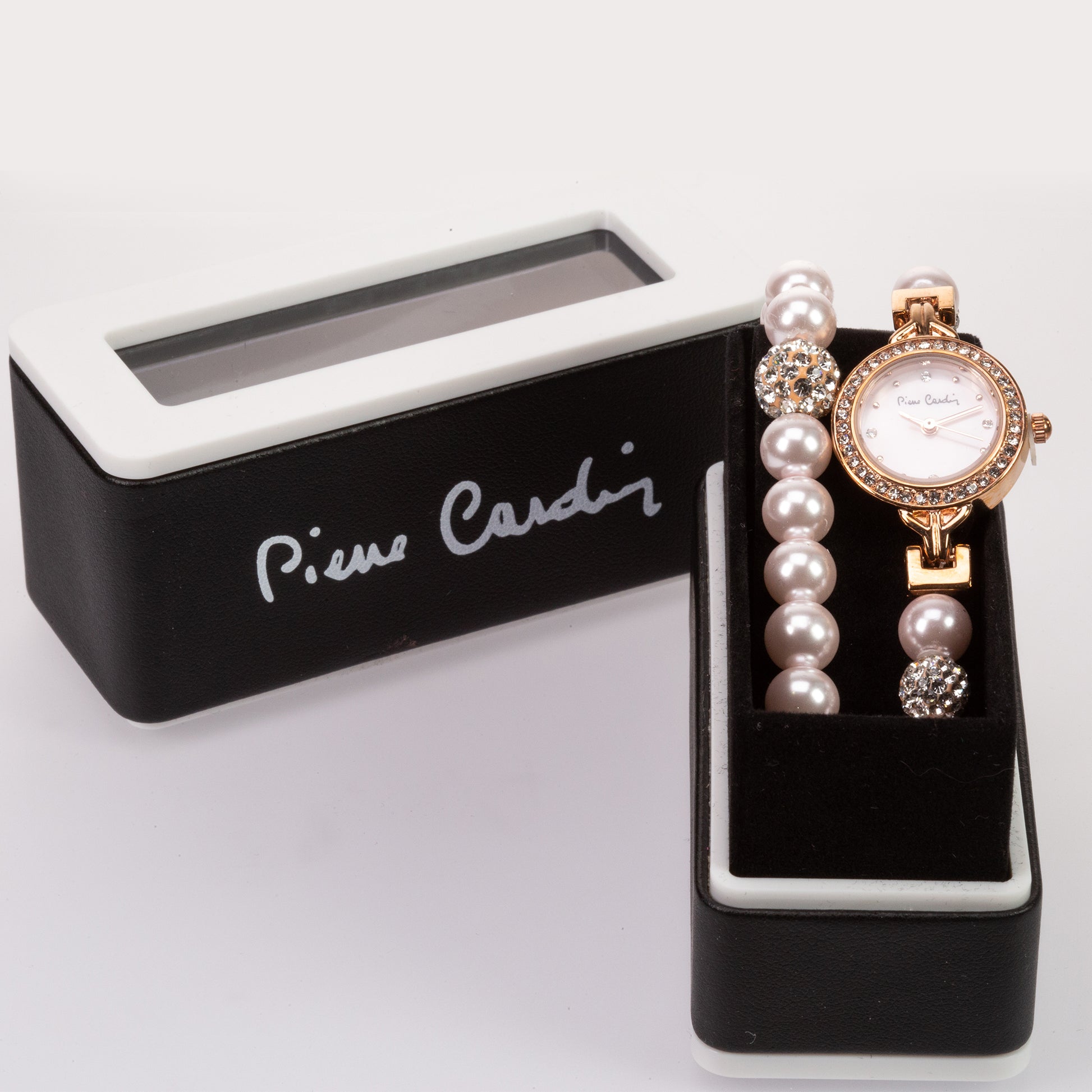 Set de reloj de pulsera y pulsera White Emporia Crystal en oro plateado y esmalte al fuego 1 