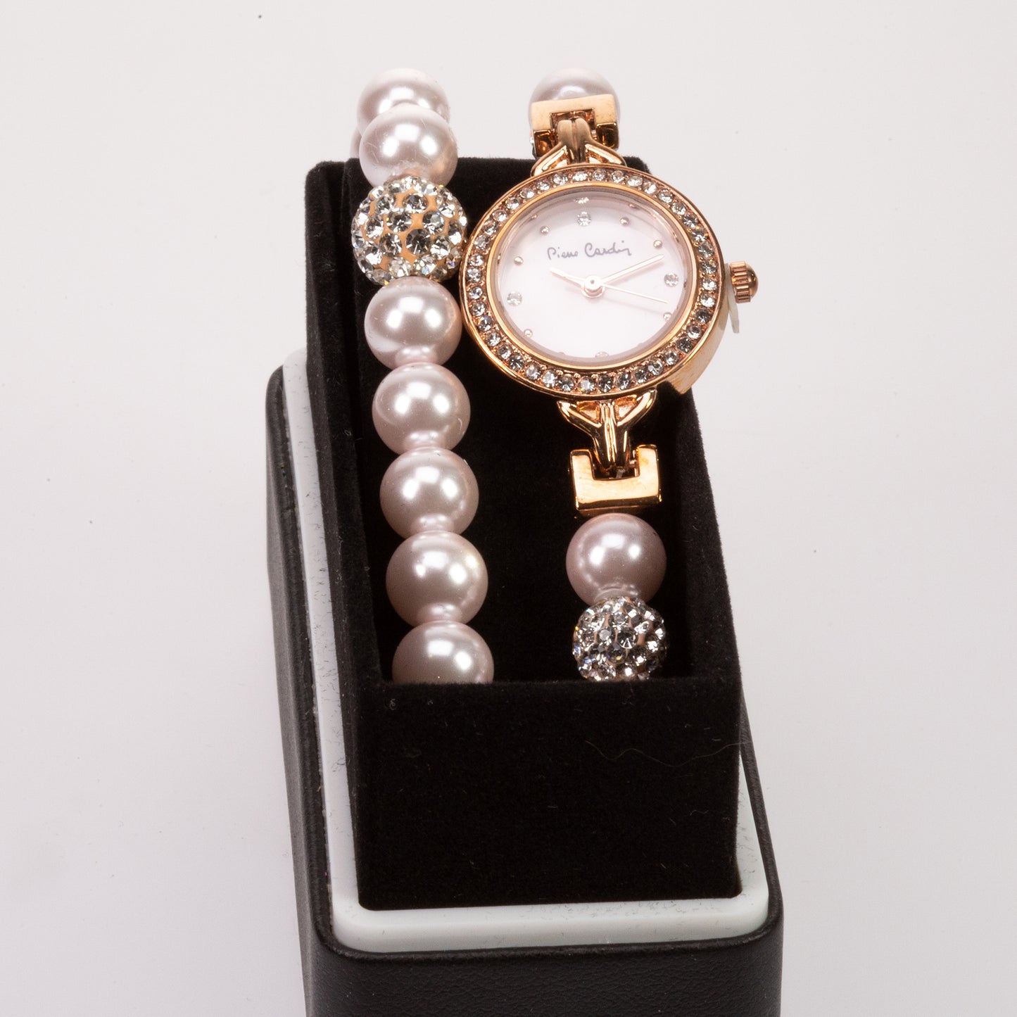 Set de reloj de pulsera y pulsera White Emporia Crystal en oro plateado y esmalte al fuego