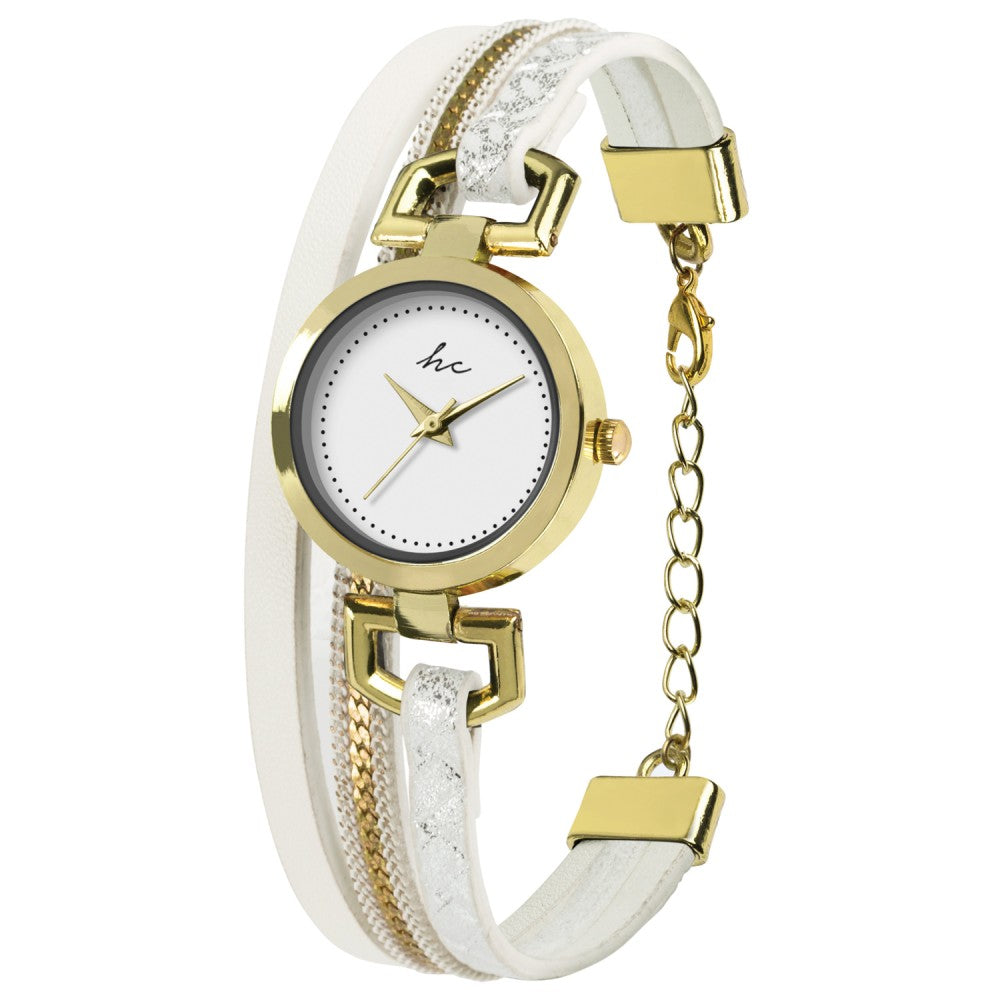 Reloj de pulsera para mujer hippie chic, con batería de cuarzo, analógico, con estuche de acero en tono oro, correa de piel en color blanco lacado, estilo casual 1 