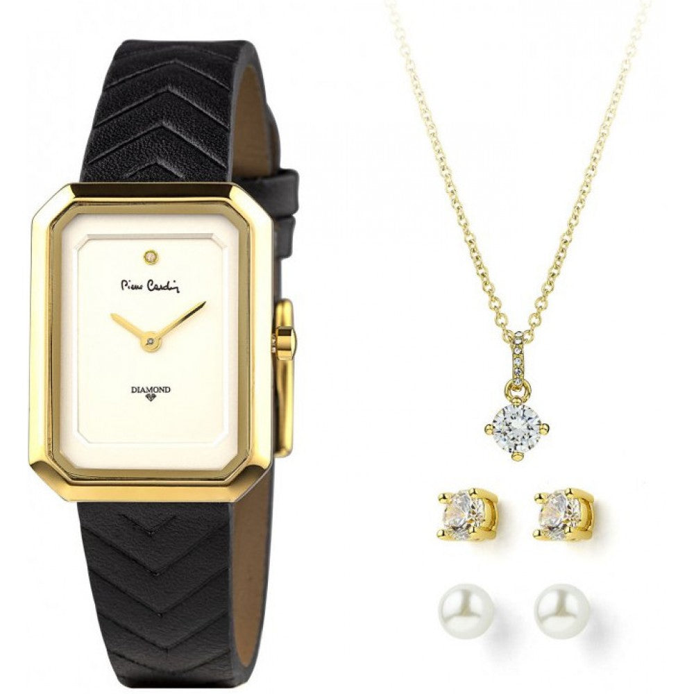 Conjunto de reloj de regalo Pierre Cardin de 4 piezas con un collar y 2 pares de pendientes