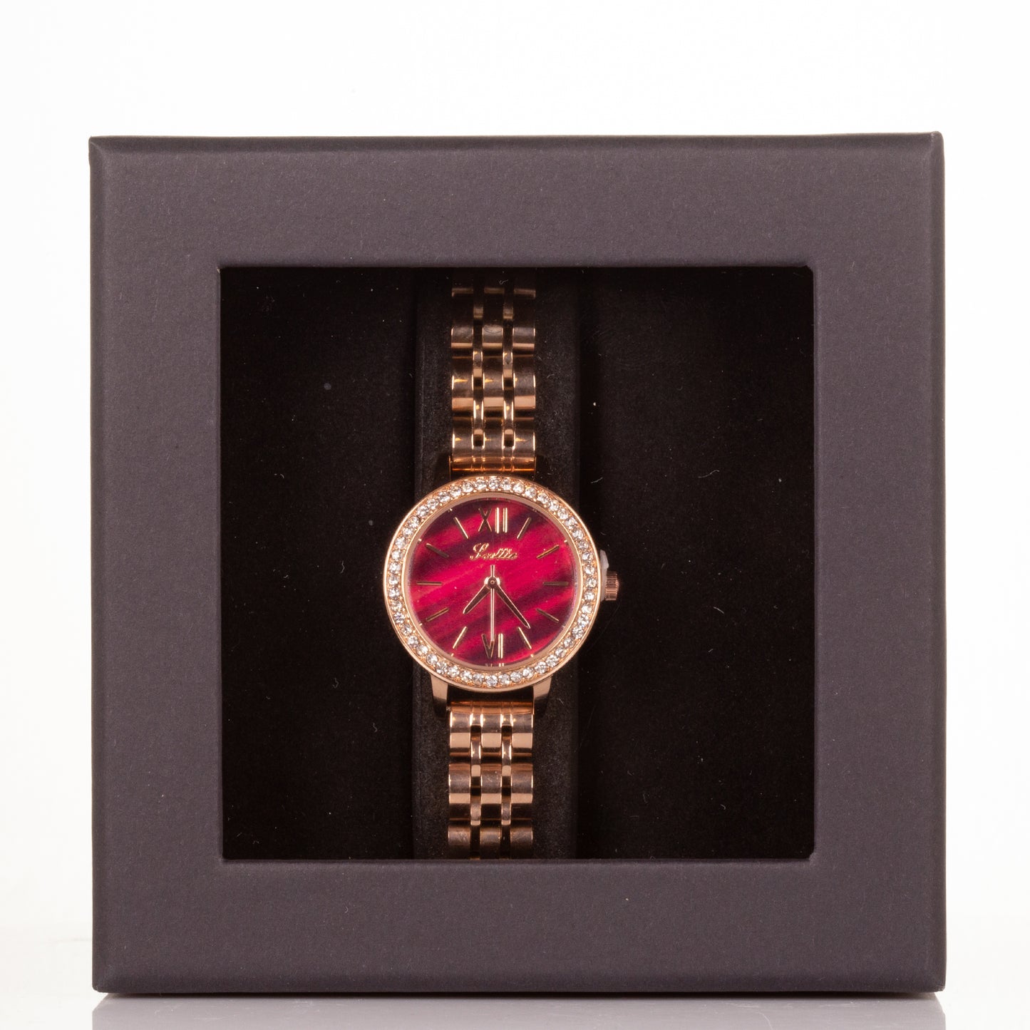 Reloj de aleación con movimiento Miyota de alta calidad con caja de regalo, esfera de color rojo rubí