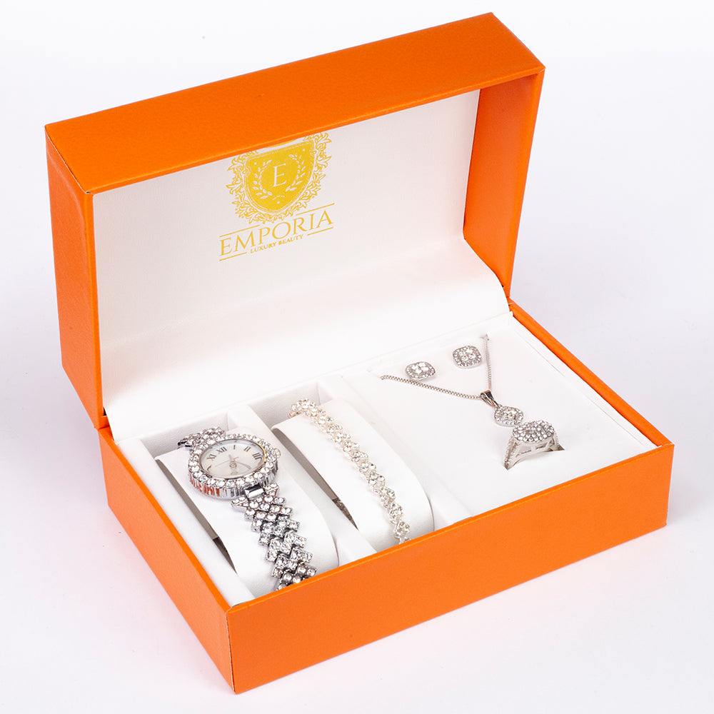 Emporia, set de 6 piezas de joyas de calidad premium con reloj, pulsera, colgante,pendientes y anillo en una exclusiva caja de regalo de efecto piel