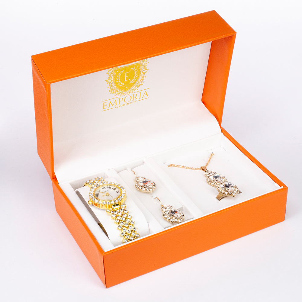 Reloj de Aleación Bañado en Oro con Cristal Emporia® Blanco (Collar +Pendientes +Pulsera +Colgante )