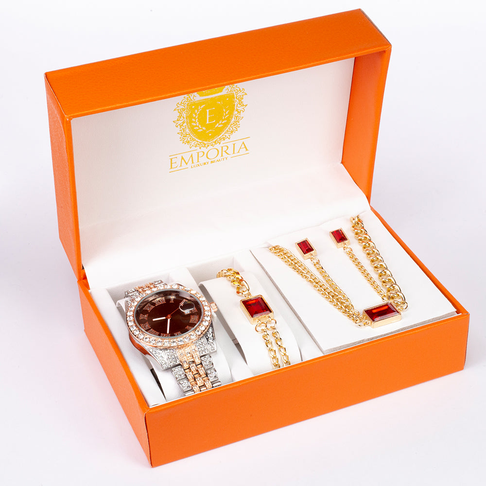 Reloj de Aleación Bañado en Oro con Cristal Emporia® Rojo (Collar +Pendientes +Pulsera +Colgante ) 1 