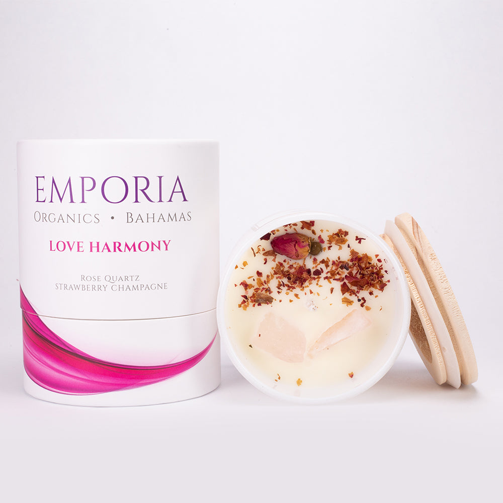 Vela de vidrio orgánico de Emporia BAHAMAS - LOVE HARMONY, con cuarzo rosa, aroma de fresa y champán, 100 % cera de soja, 230 g