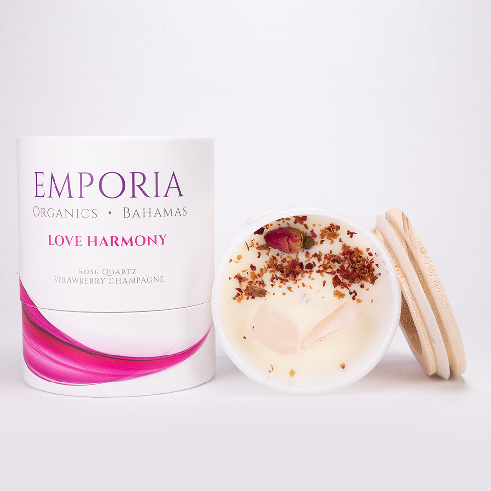 Vela de vidrio orgánico de Emporia BAHAMAS - LOVE HARMONY, con cuarzo rosa, aroma de fresa y champán, 100 % cera de soja, 230 g 1 