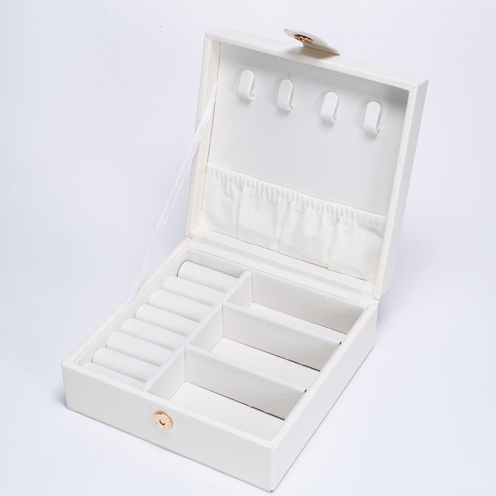 Caja organizadora de joyas de terciopelo y cuero de PU, Blanco 2 