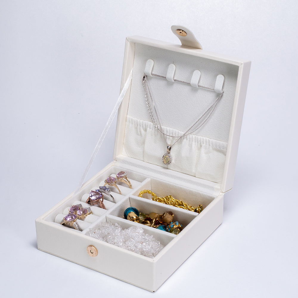 Caja organizadora de joyas de terciopelo y cuero de PU, Blanco