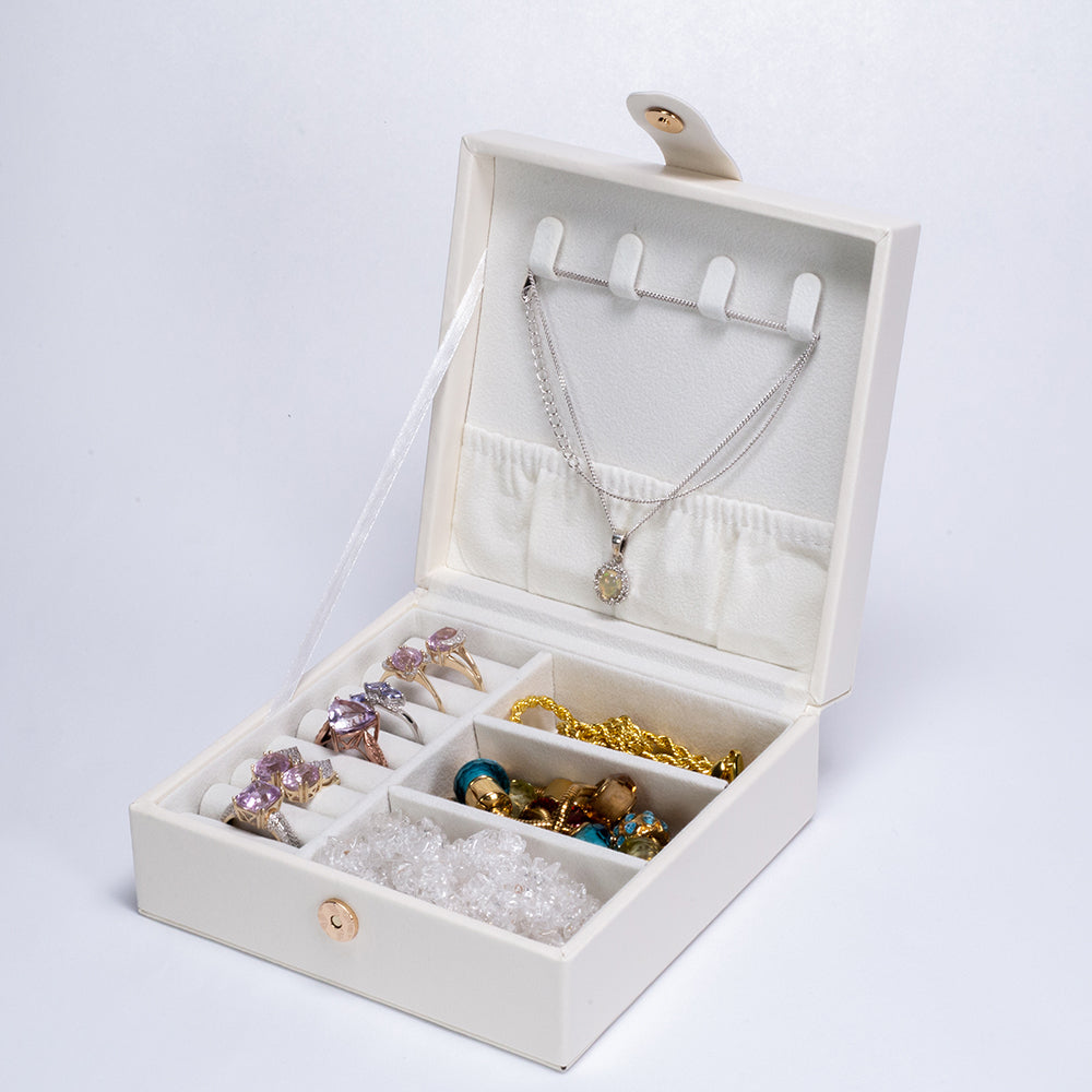 Caja organizadora de joyas de terciopelo y cuero de PU, Blanco 1 