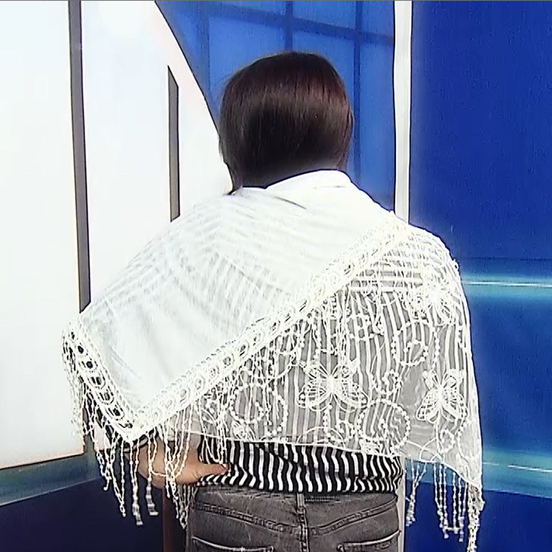 Bufanda-chal trapezoidal de algodón, 80 cm x 198 cm x 70 cm, estampado de encaje de mariposa, blanco