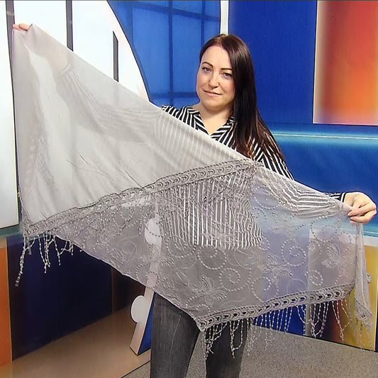 Bufanda-chal trapezoidal de algodón, 80 cm x 198 cm x 70 cm, estampado de encaje de mariposa, gris