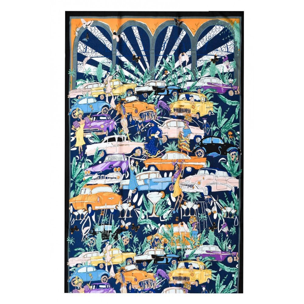 Pañuelo-chal de seda 100% auténtica, 90 cm x 180 cm, estampado de fiesta callejera de carnaval tropical