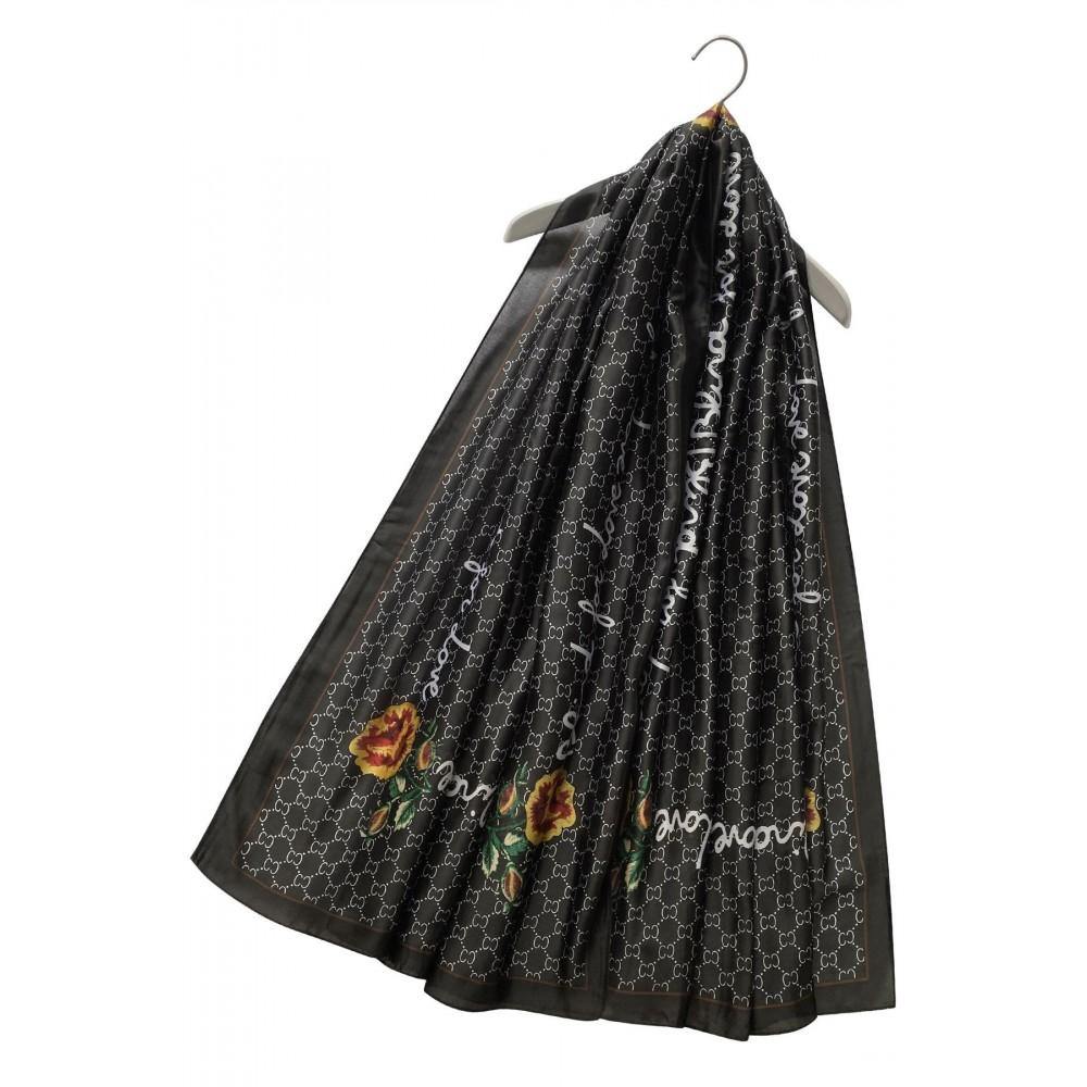Pañuelo-Chal de seda, 90 cm x 180 cm, perla de diamantes con borde de texto elegante, negro