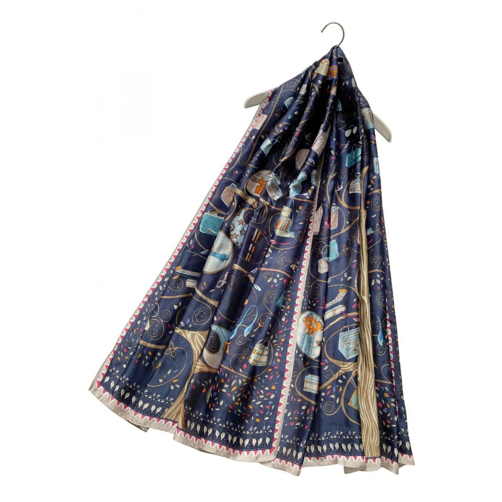 Bufanda-chal de 100% seda auténtica, 90 cm x 180 cm, elegante bolso estampado, azul marino