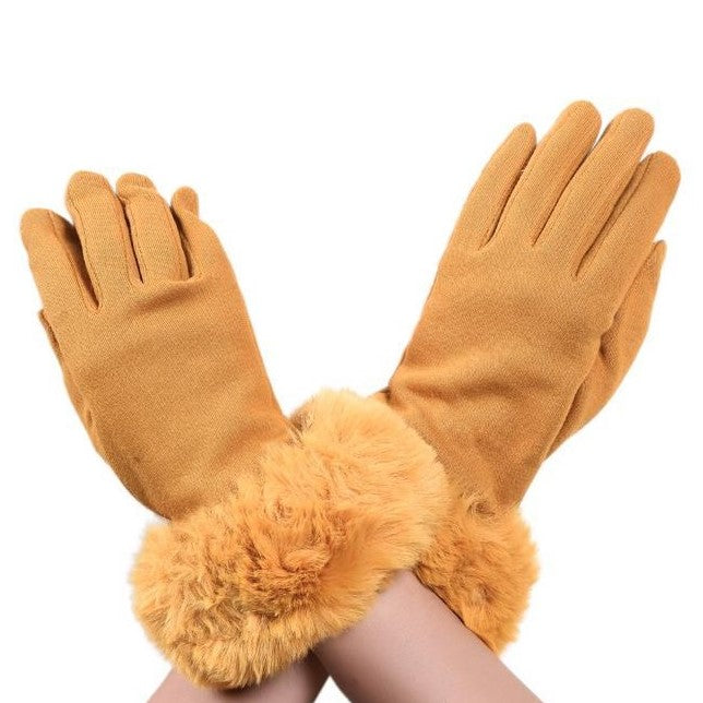 Mustard 100% Polyester Faux Fur Trim Touchscreen Gloves 1 