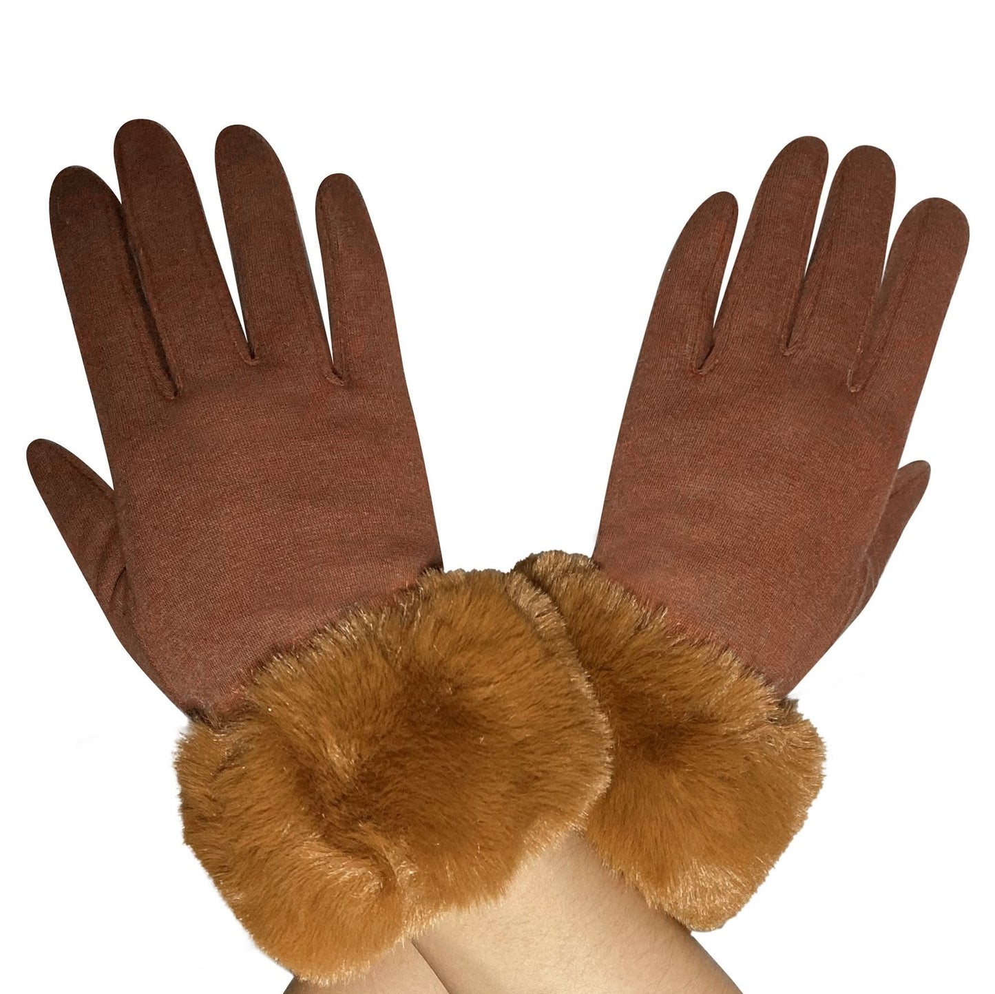 Brown 100% Polyester Faux Fur Trim Touchscreen Gloves